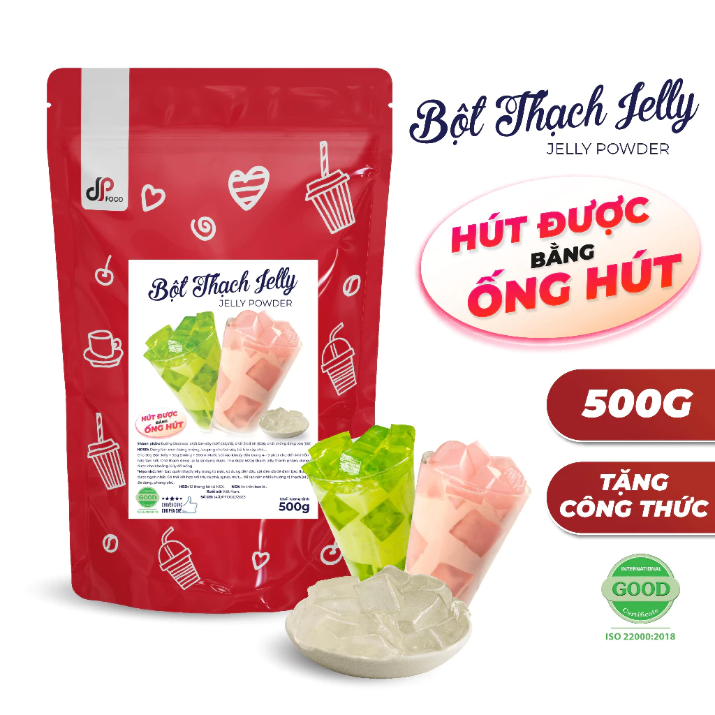 Bột Jelly DPFOOD - Gói 500G - Làm Thạch Hút, Topping Trà Sữa, Trà Trái Cây, Thạch Freeze Đá Xay,...