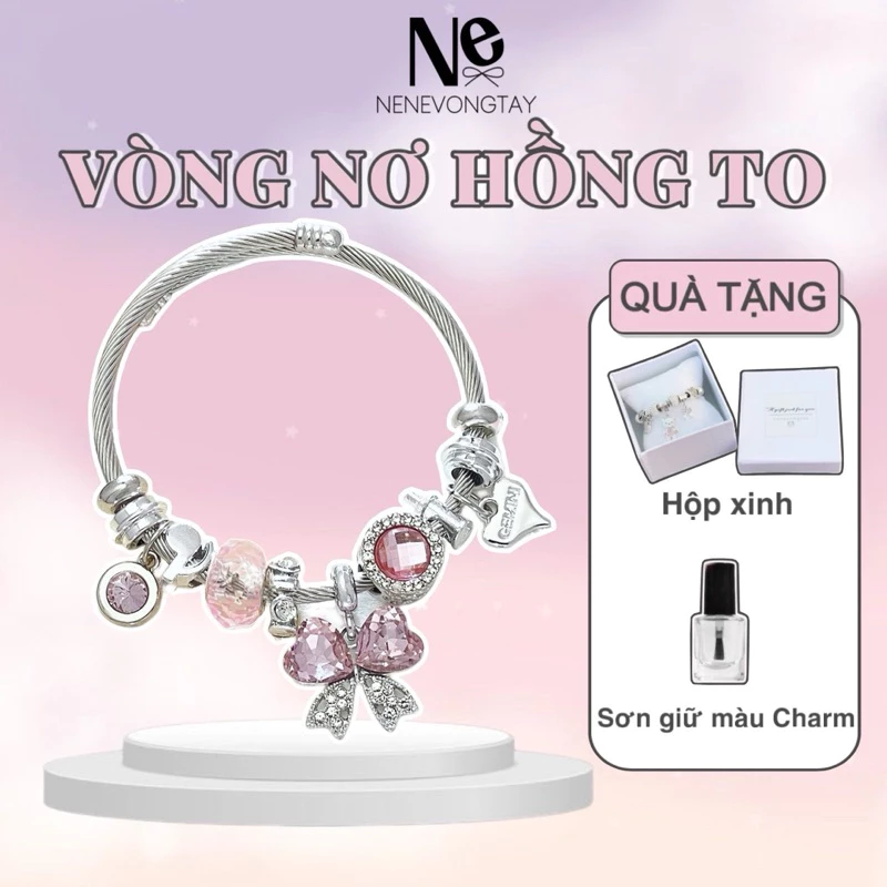 [Tặng SơnBóng] Vòng PAN Nơ hồng to - Nơ Bạch Tuyết-KKC nene dễ thương - charm hợp kim