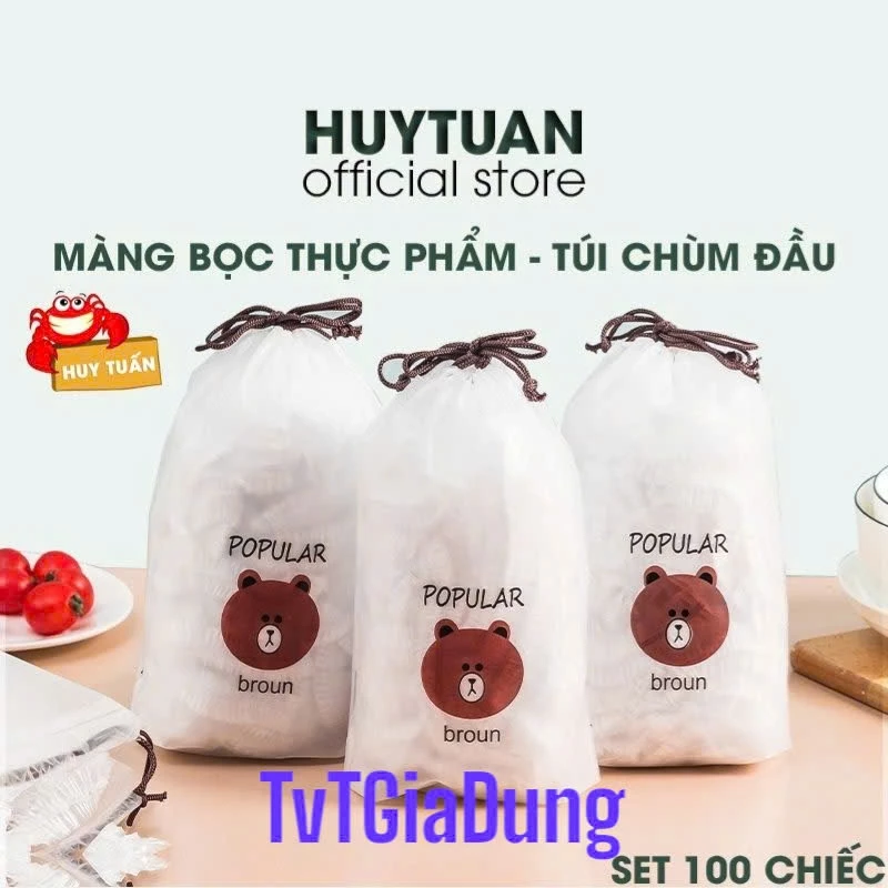 Túi 100 Chiếc Màng Bọc Thực Phẩm Co Giãn Siêu Dai Có Chun Kèm Túi Gấu Mũ Chùm Đầu Dùng 1 Lần