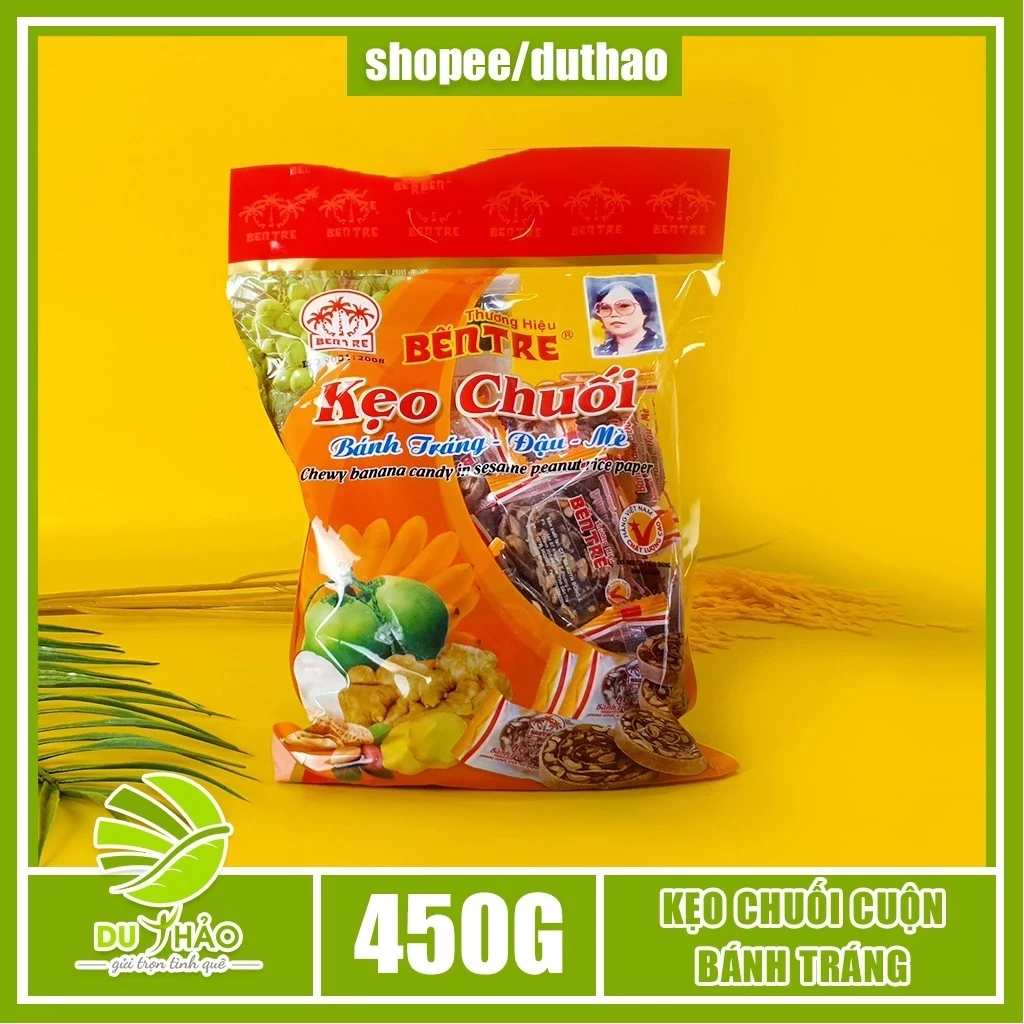 Kẹo chuối cuộn đậu phộng Bến Tre Hai Tỏ 450g, đặc sản kẹo chuối Bến Tre
