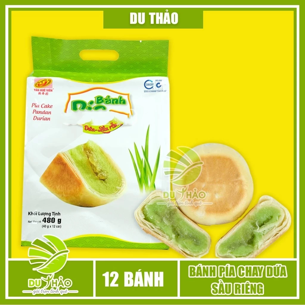 Bánh pía chay Lá Dứa đậu xanh sầu riêng 12 mini Tân Huê Viên 480gr, đặc sản Sóc Trăng, đồ ăn vặt Việt Nam