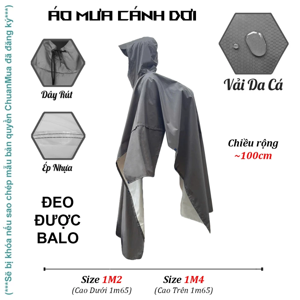 Áo Mưa Cánh Dơi Balo Vải Da Cá Vải Dù Chống Thấm Đeo Được Ba Lô Raincoat Rộng Có Nút , Mũ , Dây Rút