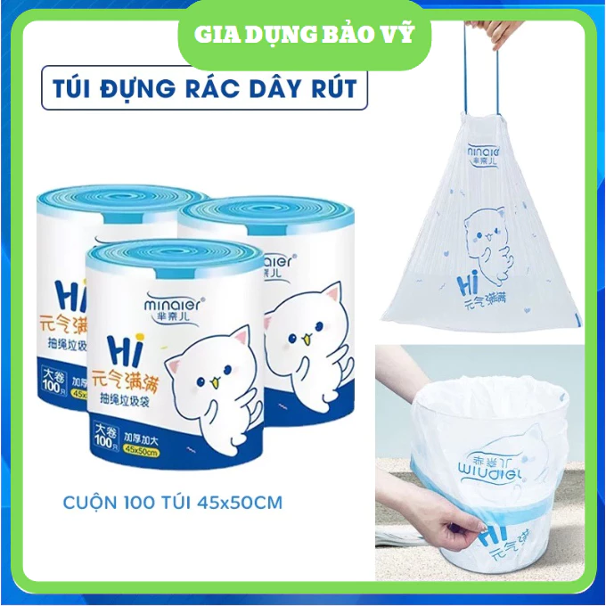 [Siêu rẻ] Cuộn 100 Túi Đựng Rác Tự Phân Hủy Có Dây Rút Chịu Lực Tốt, Không Gỉ Nước BV11