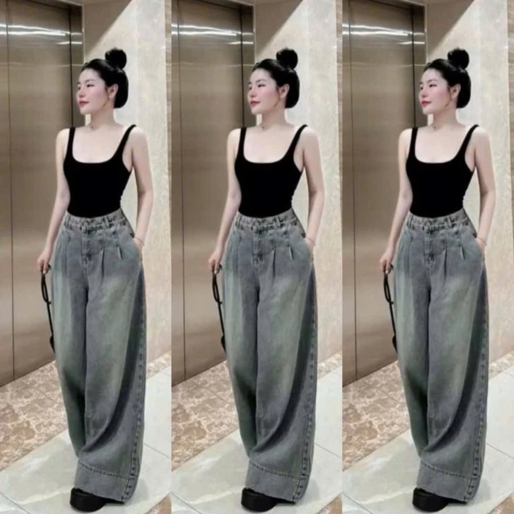 [COOLJEANS]QUẦN JEANS NỮ ỐNG RỘNG XẾP LY GẤU TO CẠP CAO HÁCH DÁNG HOTTREND 2026