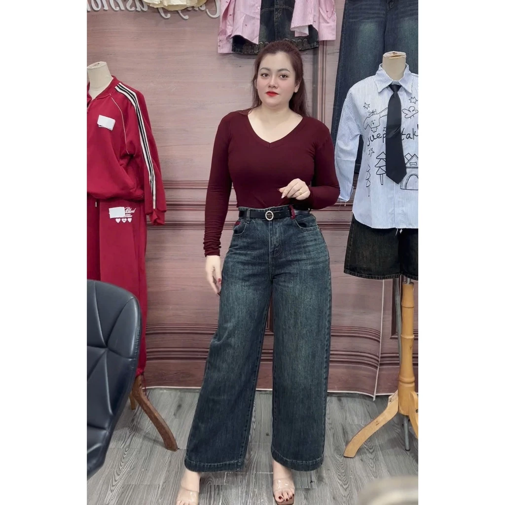 [BIGSIZE85kg} 868 Quần Jean Nữ Dáng Suông Nấm Tạo Kiểu Phối Màu, quần bò nữ ống suông rộng 9 tấc