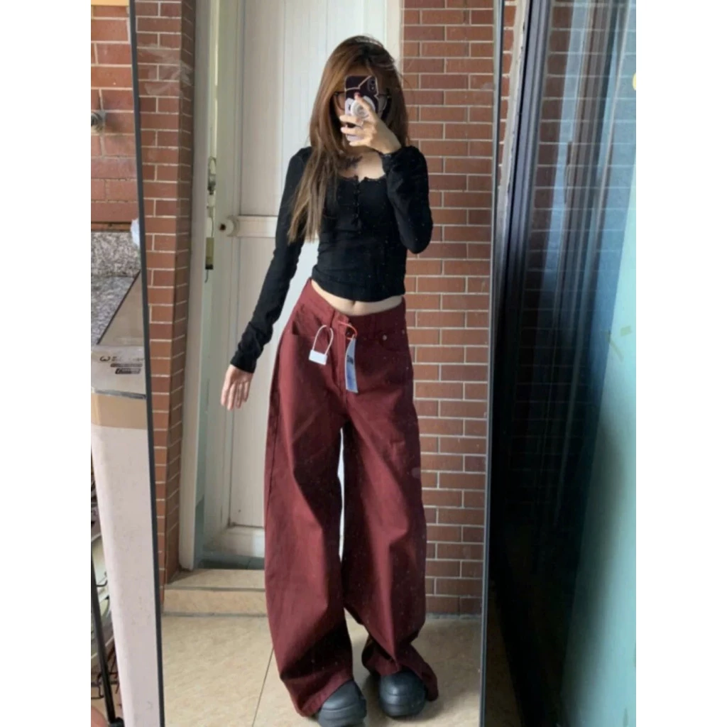 Quần jean đỏ đô lưng cao hack dáng, Quần bò ống rộng đỏ đô siu hot hit đơn giản dễ phối đồ (HC68)