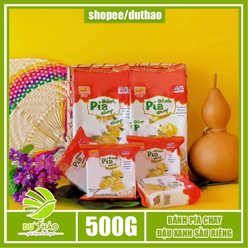 Bánh pía chay đậu xanh sầu riêng Tân Huê Viên 500g, bánh pía không trứng đặc sản Sóc Trăng