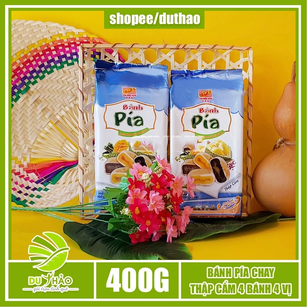 Bánh pía chay thập cẩm 4 bánh 4 vị khác nhau Tân Huê Viên 400g , đậu xanh, đậu đỏ, mè đen, xoài