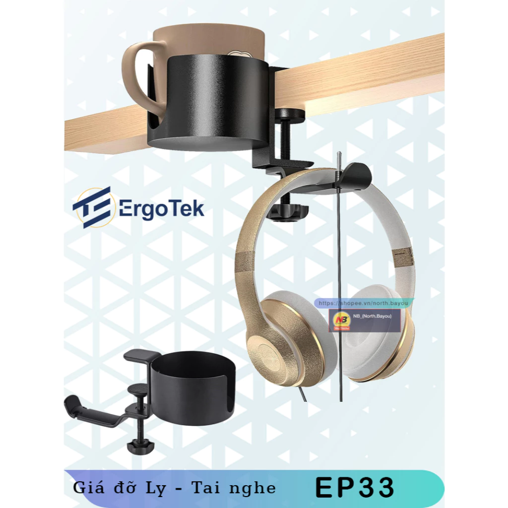 Ep33 Giá đỡ ly - Giá treo tai nghe - Giá đỡ Cốc - Giá treo Túi xách kẹp cạnh bàn - Ergotek