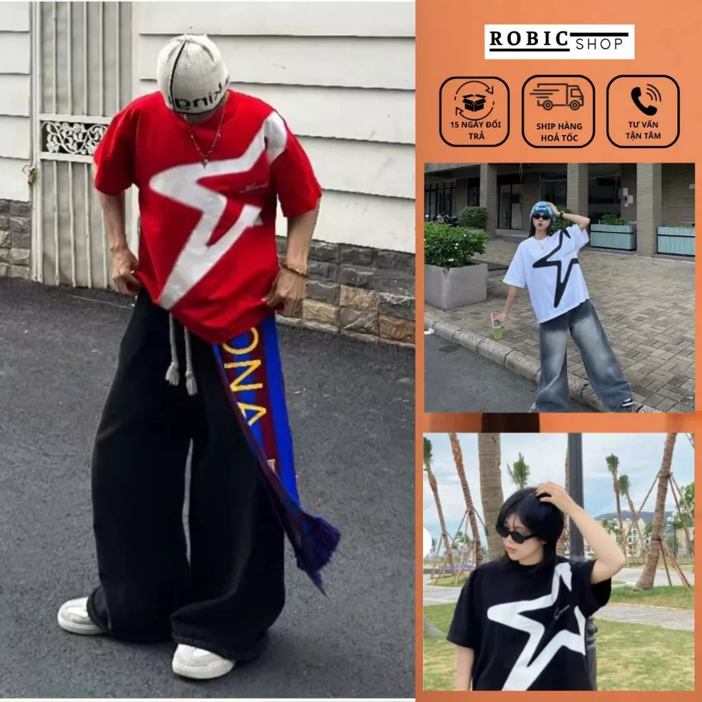 Áo Phông Boxy In Ngôi Sao Thời Trang Unisex - Áo Thun Nam Nữ In Ngôi Sao Chất Cotton Siêu Xịn-ROBIG
