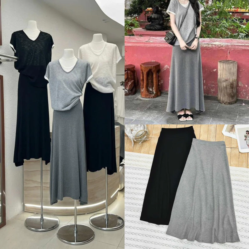 Chân Váy Chữ A Dài Chất Liệu Thun Mát (Hàng Loại 1 Sẵn Ship Hoả Tốc) Chân Váy A Đen Xám Dáng Dài Dễ Mặc