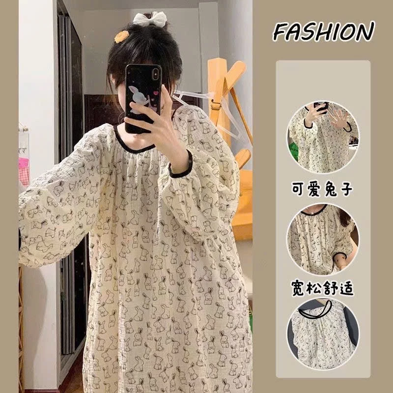 [NewArrivals] Đầm ngủ tiểu thư Ulzang tay dài dáng dài bo viền chất liệu Cotton nhăn in họa tiết- Yogou Order