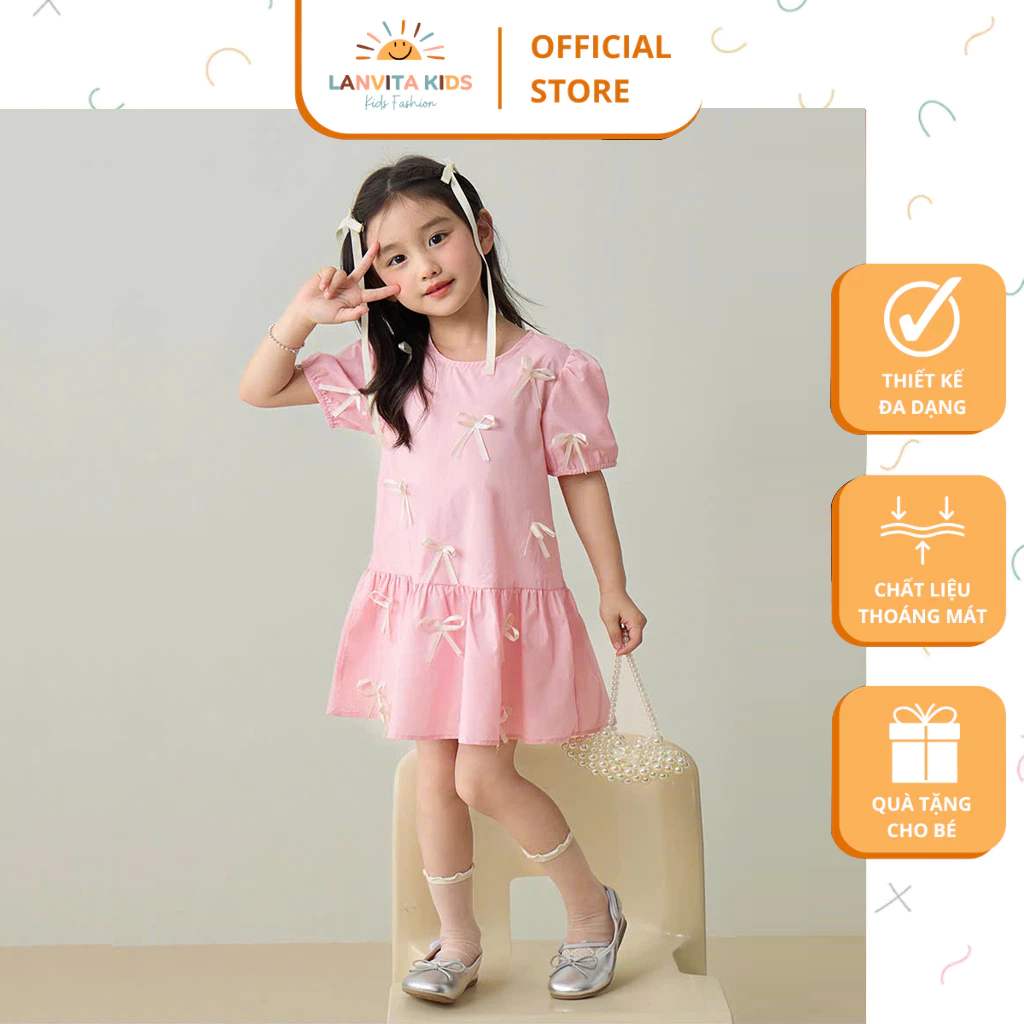 VÁY LIỀN THÂN TAY BỒNG ĐÍNH NƠ CHO BÉ GÁI, PHONG CÁCH TIỂU THƯ ĐÁNG YÊU, CÂN NẶNG TỪ 9-35KG.