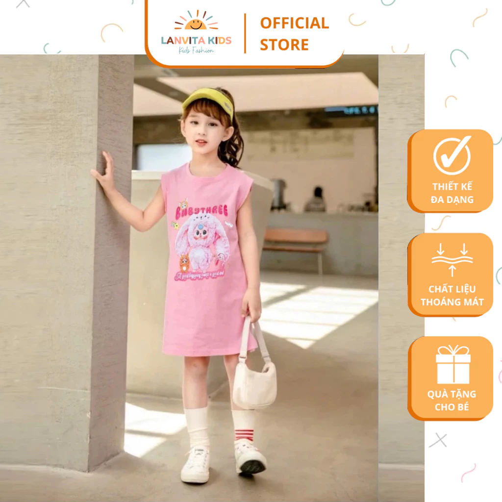VÁY SUÔNG TAY LỬNG BABY THREE CHO BÉ GÁI, CHẤT COTTON MỀM MÁT MÙA HÈ, 4 MÀU CHO BÉ CÂN NẶNG TỪ 13-44KG.