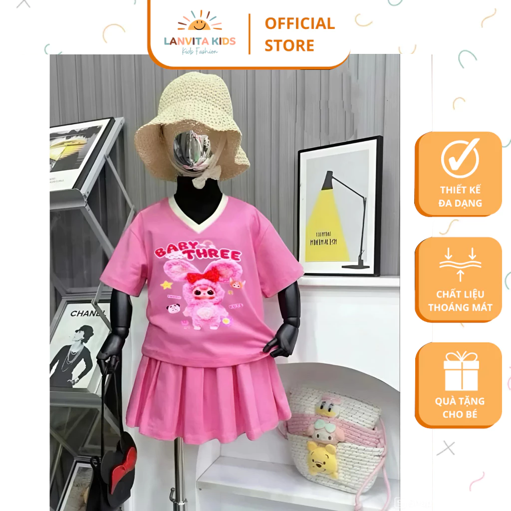 SÉT VÁY XẾP LY CỔ TIM BABY THREE CHO BÉ GÁI, CHÂN VÁY CÓ LÓT QUẦN, CHẤT COTTON THOÁNG MÁT MUA HÈ, CÂN NẶNG TỪ 9-44KG.