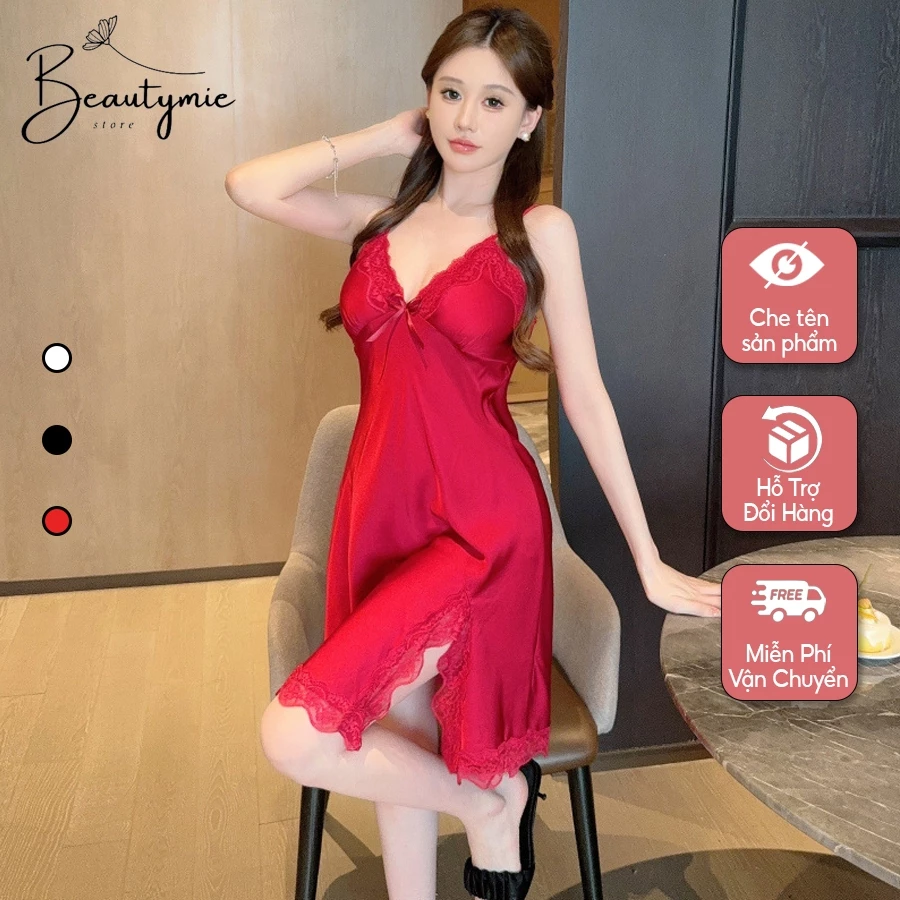 Đầm Đồ Váy Ngủ 2 Dây Xuyên thấu, Giả Phi Lụa Phối Ren Sexy Quyến Rũ Thời Trang Cho Nữ DN107