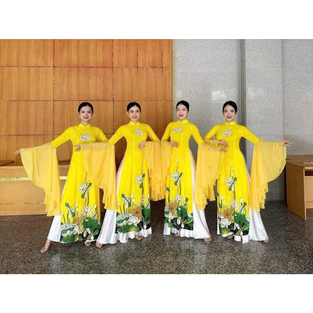 Trang phục biểu diễn múa văn nghệ hoạ tiết hoa sen tay thả duyên dáng đồng phục mẫu mới loại đẹp màu Xanh Hồng