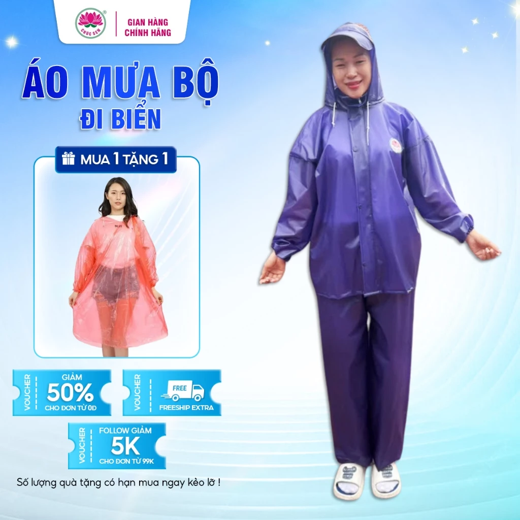 Bộ Áo Mưa Đi Biển Cao Cấp Có Phản Quang Chúc Sen Chất Liệu PVC Dày nặng 1100g Chống Thấm Nước Tốt