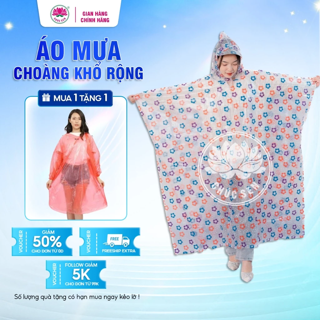 Áo Mưa Choàng Khổ Rộng Chúc Sen Thời Trang, chất liệu PVC In Họa Tiết, Có Túi Quai Xách Dễ Thương