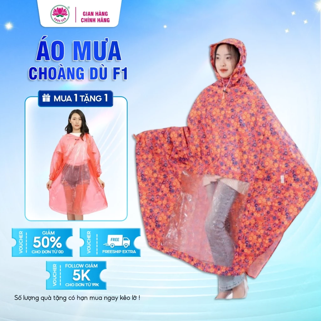 Áo Mưa Choàng Dù F1 Chúc Sen - Chất Liệu Vải Dù Cao Câp - In Họa Tiết Dễ Thương - Không Ngấm Nước