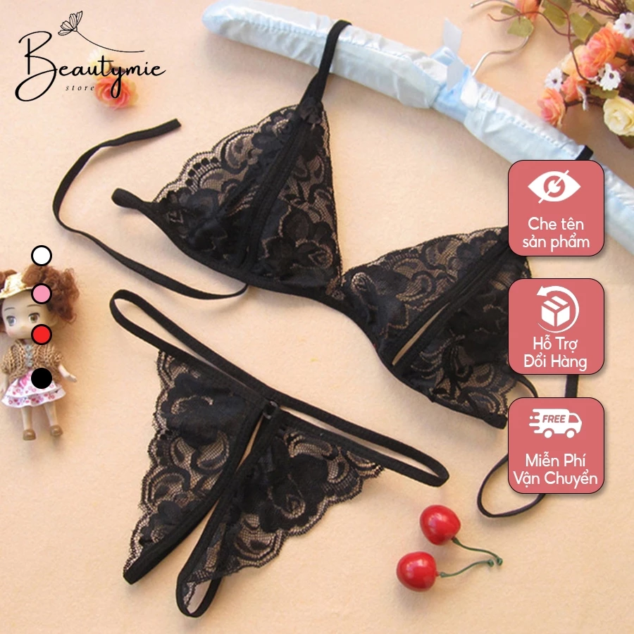 Đồ lót sexy 2 mảnh ren quần lót lọt khe xẻ đáy set bralette 4 màu đen đỏ hồng trắng nội y gợi cảm DL01