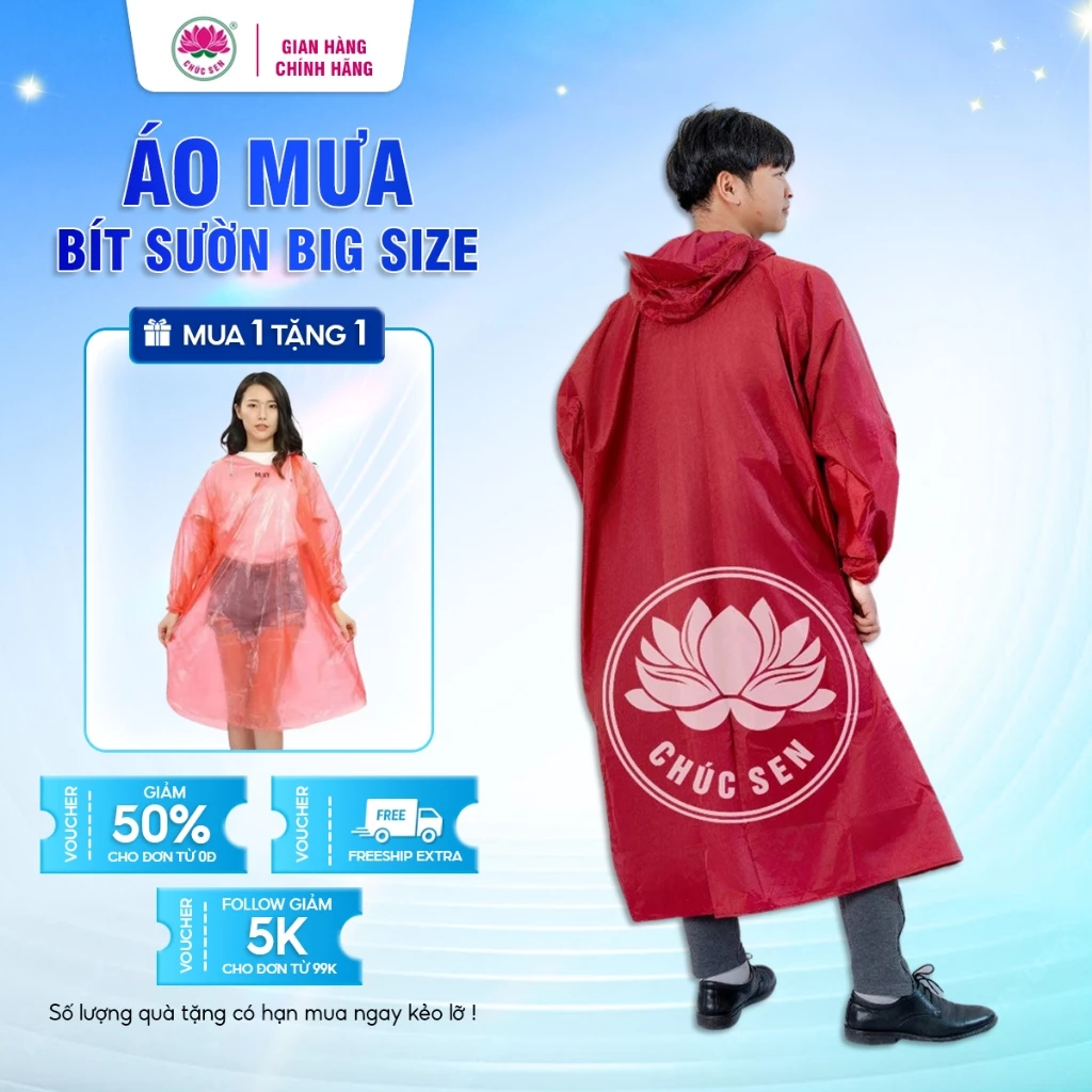 Áo Mưa Bít Sườn Bigsize Chúc Sen, D*R-155cm*196cm Chất Liệu Vải Dù Vân Tổ Ong, Phù Hợp Cả Nam Và Nữ