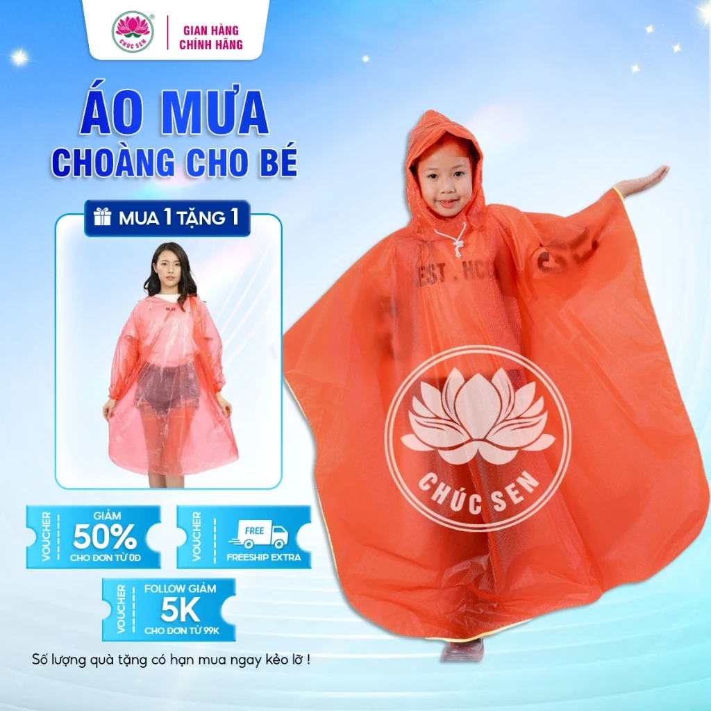 Áo Mưa Choàng Cánh Dơi Chúc Sen Dành Cho Trẻ Em, Chất Liệu PVC Trong Màu, nhiều họa tiết đẹp