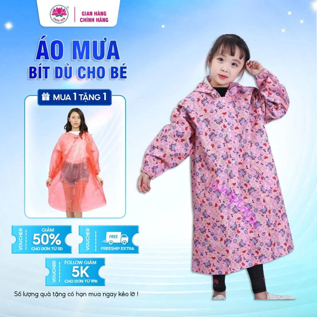 Áo Mưa Bít Dù Trẻ Em số 8 cho bé dưới 110cm Chất Liệu Vải Dù Chúc Sen, Họa Tiết Dễ Thương nhiều màu