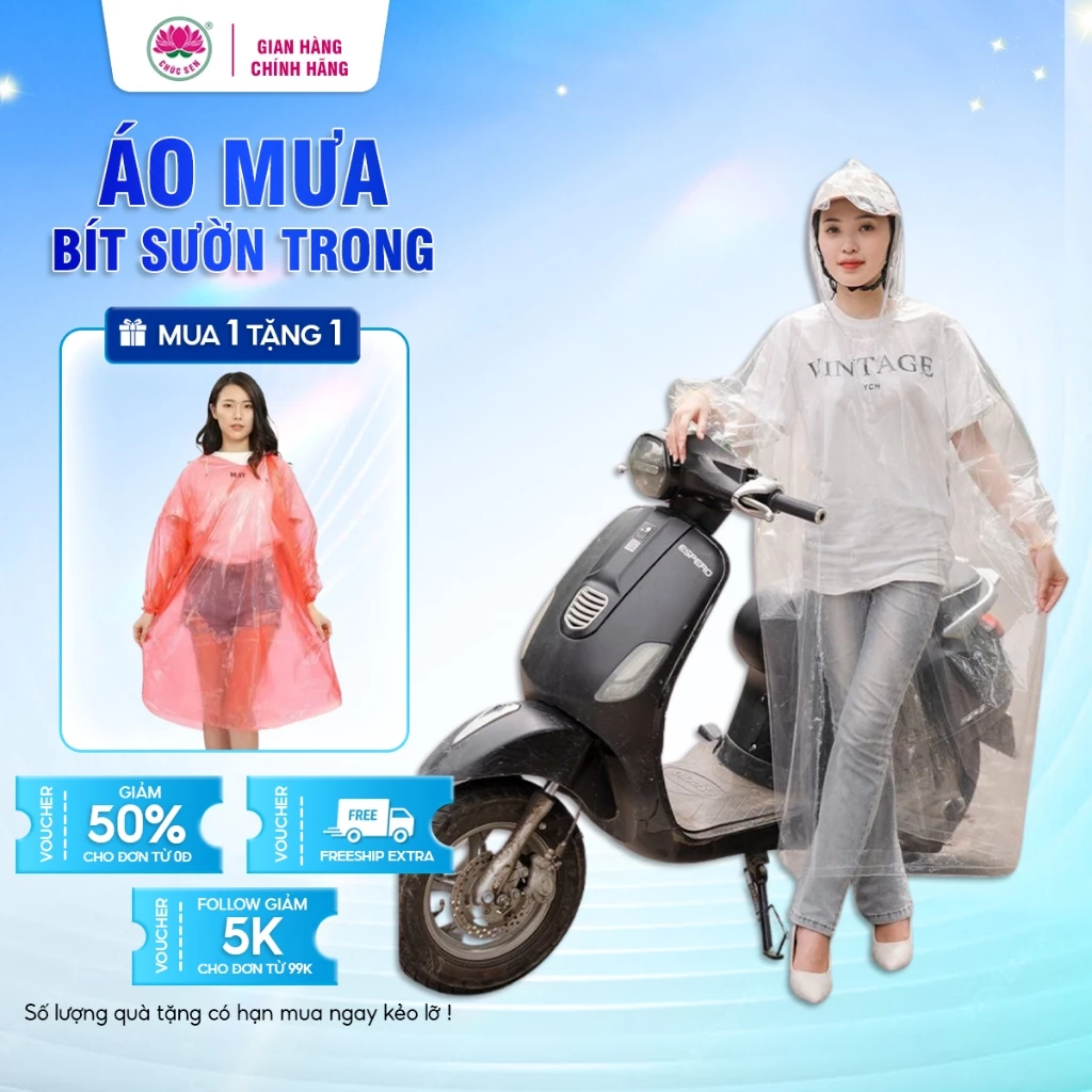 Áo Mưa Bit Sườn trong suốt size đại Chúc Sen, Chất Liệu EVA Chống Thấm Nước, Kiểu Dáng Thời Trang