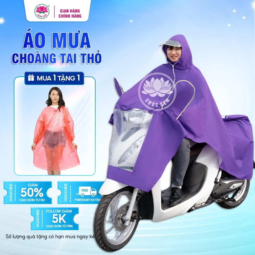 Áo mưa choàng có tai thỏ Chúc Sen, chất liệu Polyeser họa tiết vân tổ ong, bền chống thấm nước tốt