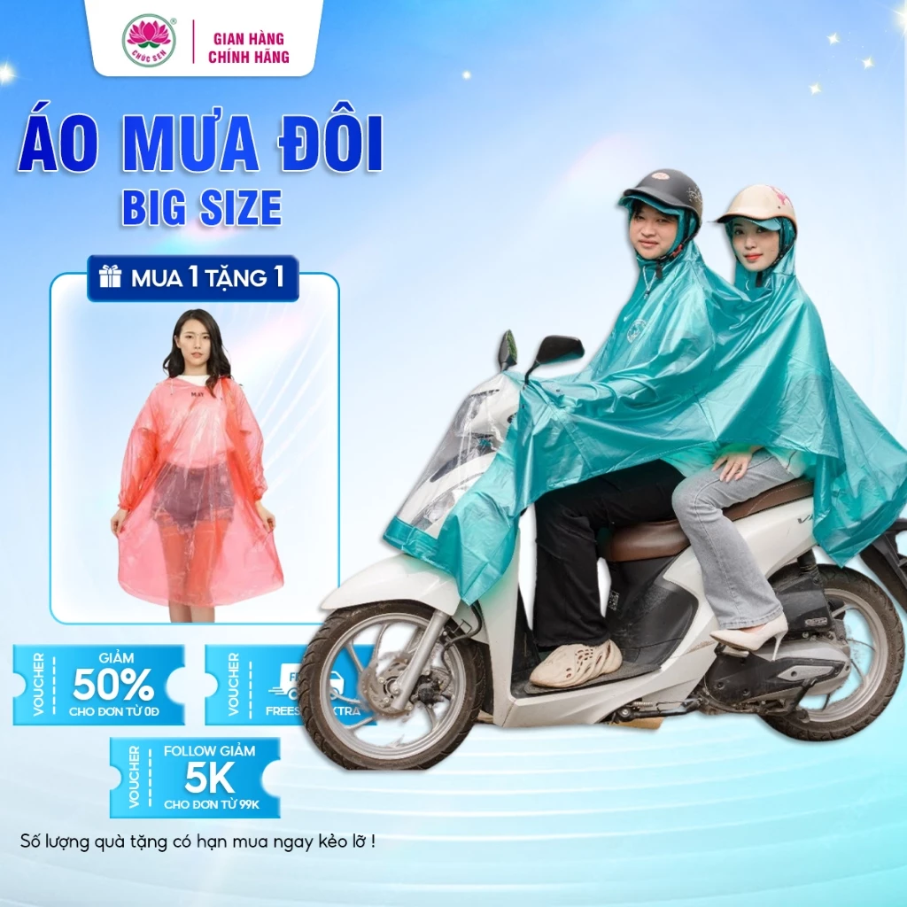 Áo đi mưa Phương Trang dành cho  2 người BIGSIZE – chất liệu nhựa PVC nguyên sinh  – có lỗ sỏ gương