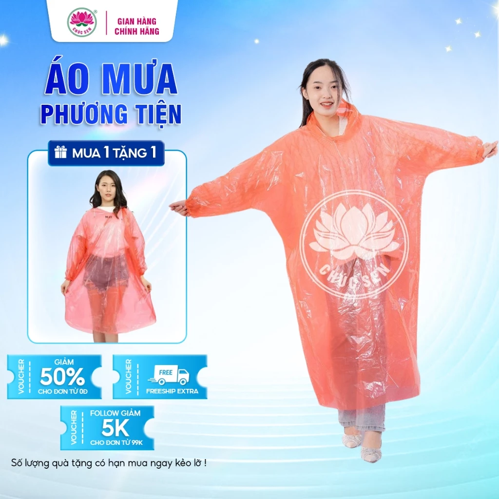 Áo Mưa Phương Tiện Vip Chúc Sen, Nhựa PE Nguyên Hạt Nhiều Màu – Có Dây Điều Chỉnh Mũ Tiện Lợi