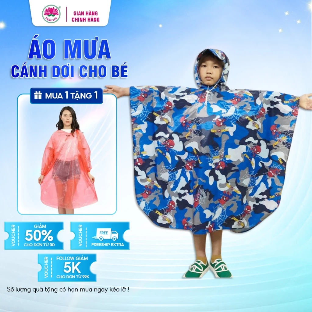 Áo Mưa Choàng Cánh Dơi Trẻ Em Số 9 cho bé dưới 110cm, Chất Liệu Vải Dù Chúc Sen, Họa Tiết dễ thương