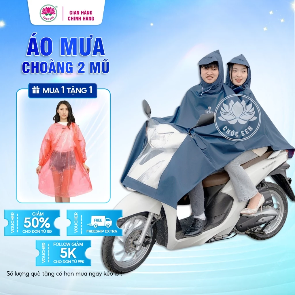 Áo mưa choàng 2 mũ freesize, chất liệu PVC chính hãng Chúc Sen, màu sắc basic phù hợp cho cả nam nữ