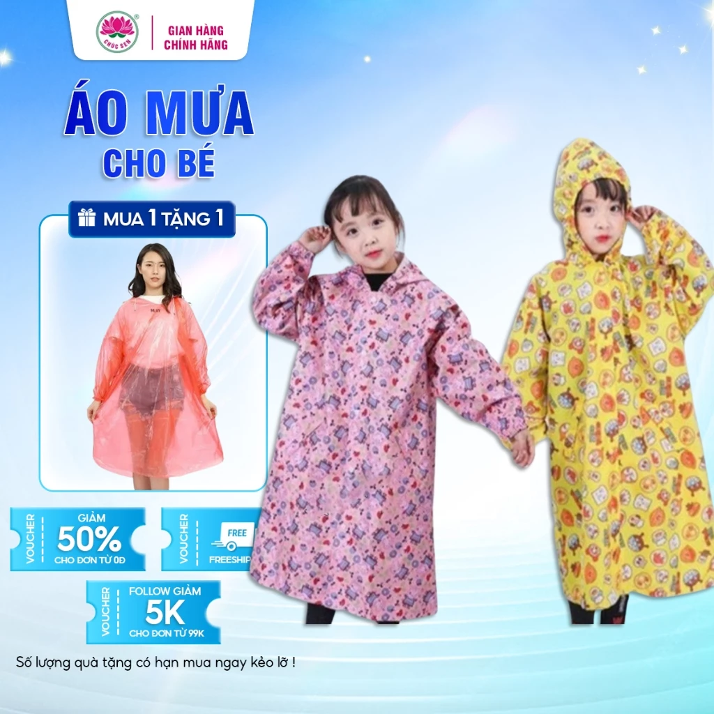 Áo Mưa Bít Trẻ Em số 10 Cho Bé Dưới 130cm, Chất Liệu Vải Dù Cao Cấp Chúc Sen In Họa Tiết Dễ Thương