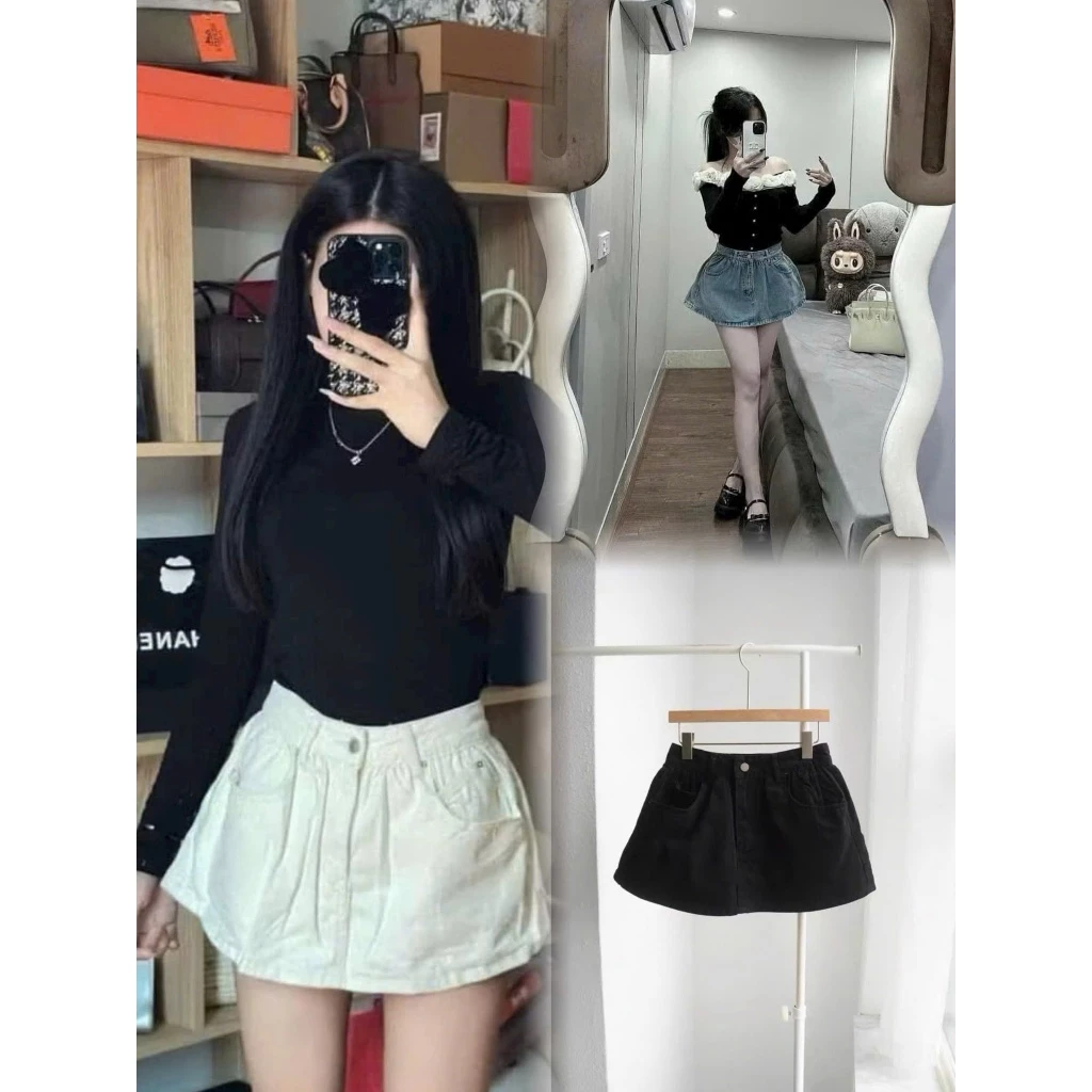 Chân váy jean ngắn xếp li xoè ba màu xanh trắng đen hottrend - Thời trang nữ mới nhất