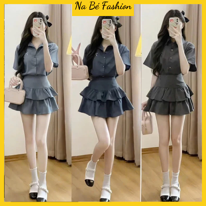 Set áo sơ mi thêu nơ nhỏ kèm chân váy 2 tầng xòe bồng xinh xắn bộ đồ nữ tiểu thư chất xước thái hàng đẹp