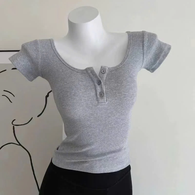 Áo Thun Tay Ngắn Cúc Cài Kiểu Babytee Croptop Chất Tăm