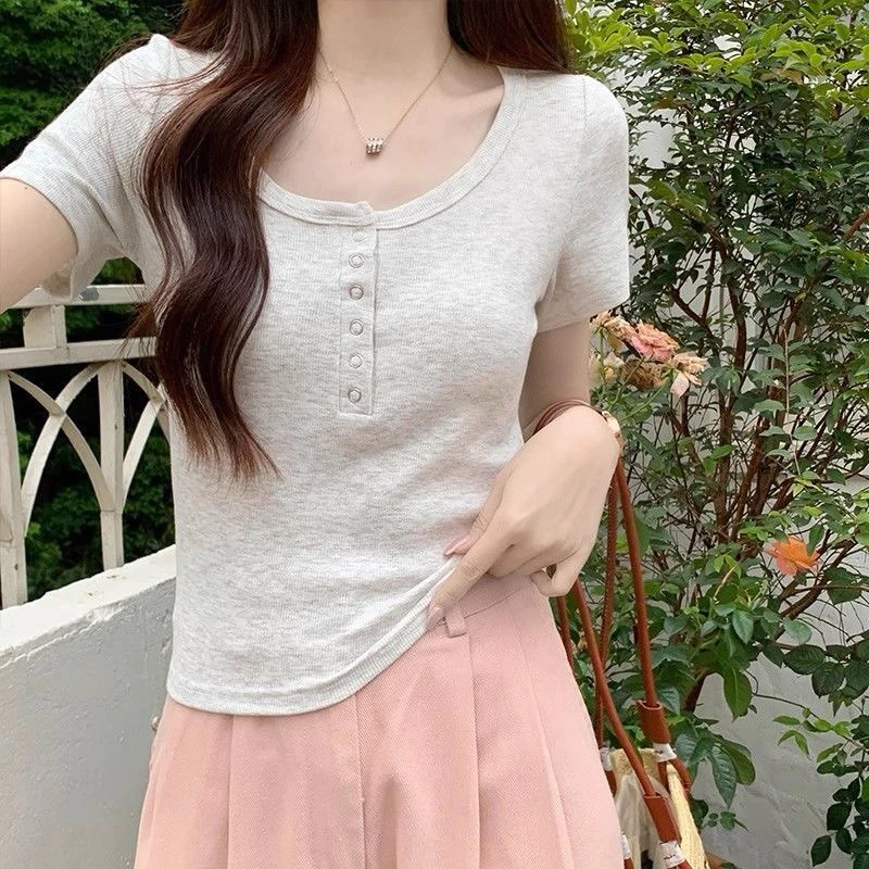 Áo Thun Cổ Tròn Form Ôm Body Dáng babytee Lỡ Bấm Tay Ngắn
