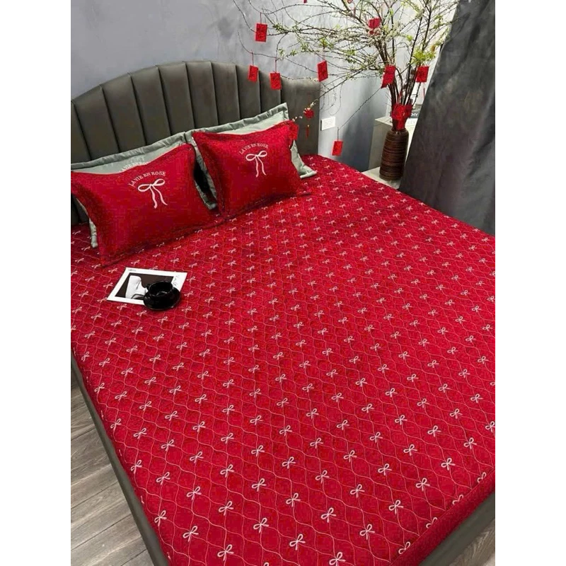 Bộ ga và 2 vỏ gối phi lụa trần thêu nơ 3d công nghệ mới mềm mịn dùng cho 4 mùa