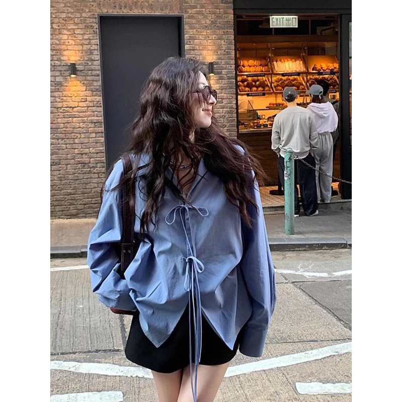 @𝑶𝒏𝒊.𝑺𝒉𝒐𝒑_ (Có Sẵn Giao Luôn) Áo Sơ Mi Xanh Buộc Nơ Xinh