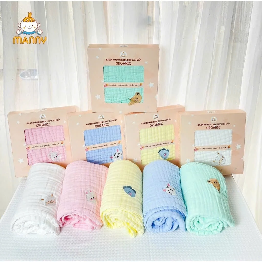 Hộp Khăn Tắm Xô Organic 6 Lớp,Cao Cấp Hàng Chính Hãng MANNY Mềm Mại, Thấm Hút Và An Toàn Cho Bé KT 100x115cm