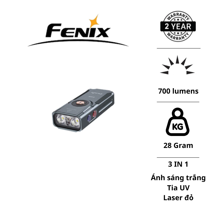 Đèn pin móc khóa FENIX E06R 700 lumen có tích hợp UV và laser đỏ, tích hợp led RGB đuôi nam châm