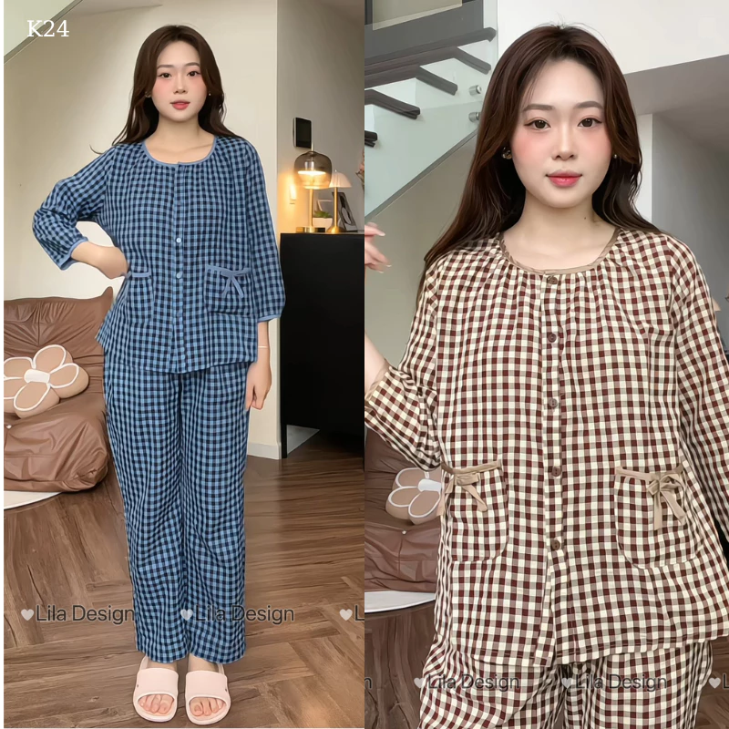 Bộ quần áo kẻ caro - K24,Bộ pizama nữ mặc nhà Lila Clothing cổ tròn,có túi,tay dài chất thô nhăn mềm mịn, thoáng mát