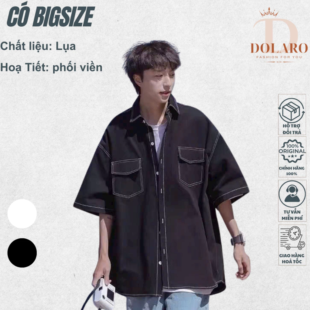 Áo sơ mi nam tay ngắn form rộng DOLARO kiểu mẫu hot 2026, áo sơ mi unisex phối giả túi kèm chỉ nổi chính hãng đầy đủ tag