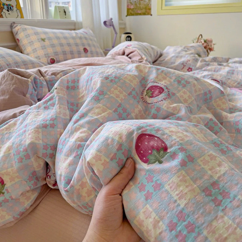 Bộ Vỏ Chăn Ga Gối Cotton Đũi Sợi Tre 4 Món Mềm Mịn, Họa Tiết 3D Dễ Thương ( Không Kèm Ruột )