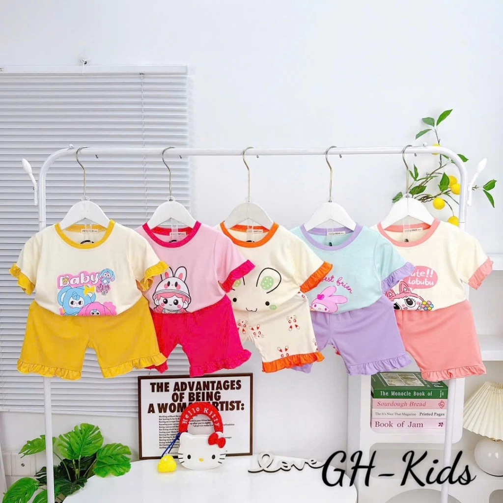 [ 8- 26 ký ] Bộ Bé Gái Vải Thun Lạnh  Baby Thiết Kế Phối Bèo Tay Điệu Đà dễ thương