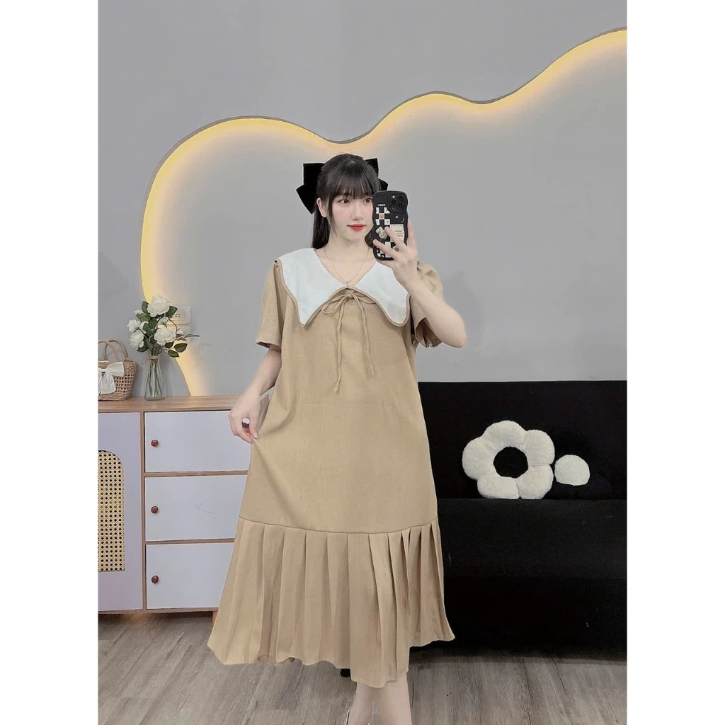 Có size đến 100kg.Váy bầu,đầm bầu Bigsize dáng công sở phối cổ xinh