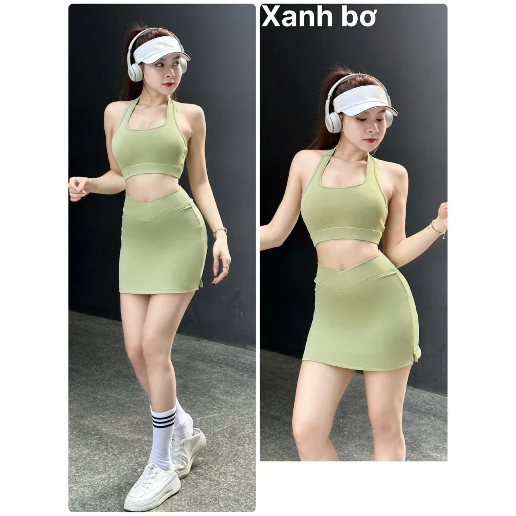 Set Váy Chạy Bộ Nữ Cổ Yếm Cạp Chéo, Tập Gym, Pickleball, Tennis, Đánh Cầu