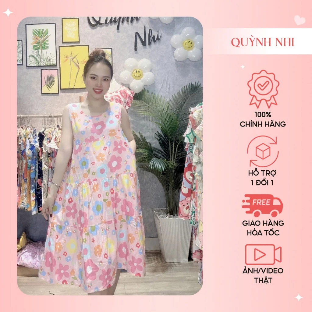 Đầm mặc nhà Quỳnh Nhi, Chất liệu Tole Lanh thoáng mát, Thiết kế hiện đại hoạ tiết  in hình cá tính - VAY21